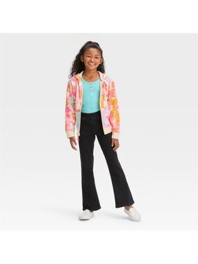 Girls Mid Rise Pull- On Flare Jeans Black Light weight Denim Elastic Waistband